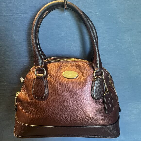 COACH Cora Mini Dome Oxblood Cherry Bicolor Metallic Satchel Leather Bag - Picture 1 of 12